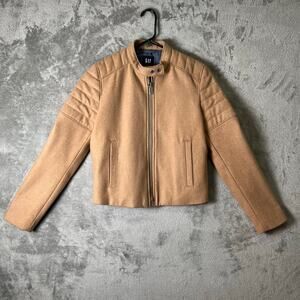 GAP Camel Wool Blend Moto Jacket Quilted Shoulder Zip‎ Front Biker Chic Small